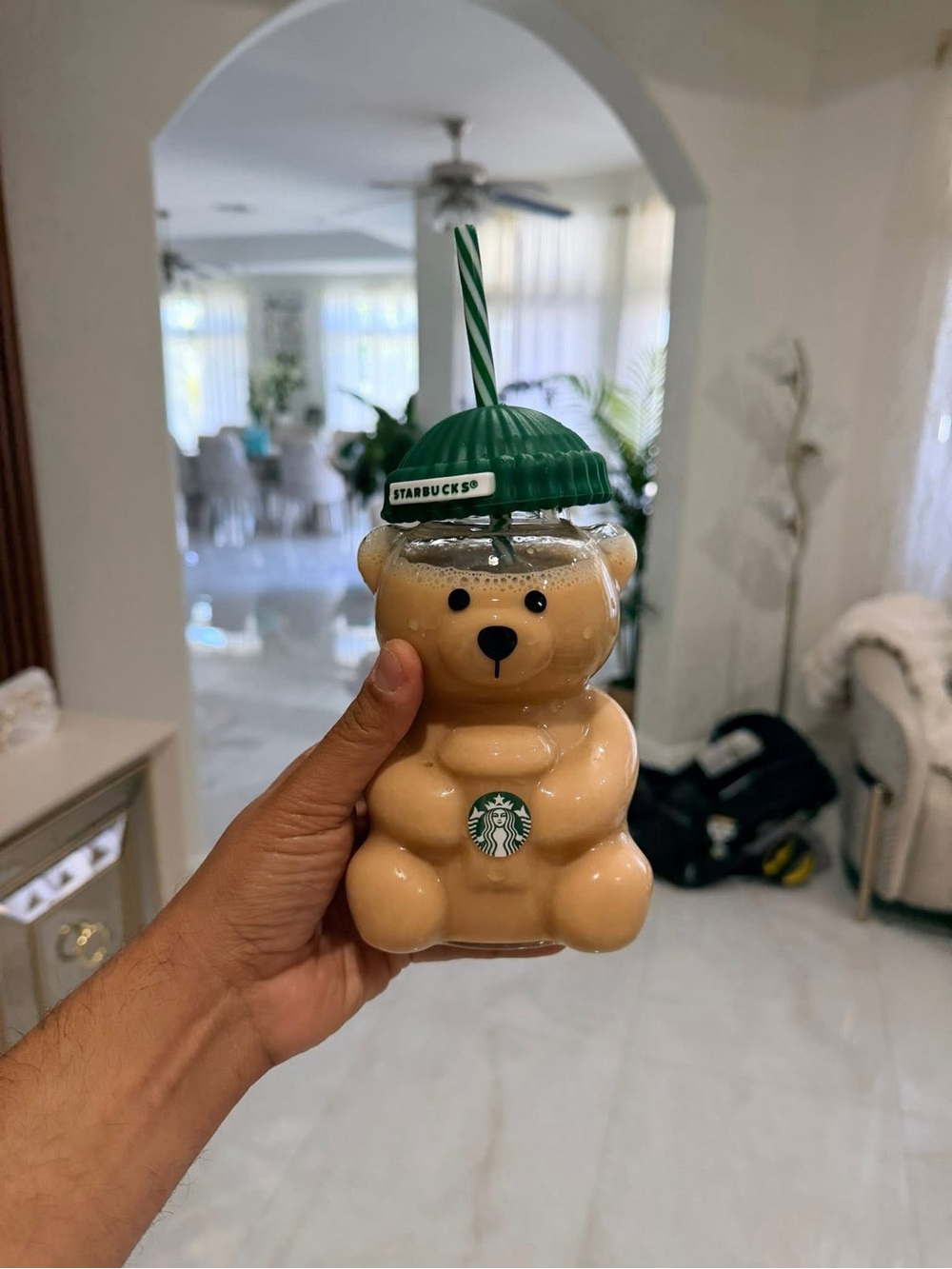 Starbucks Bear Cup with Green Lid and Beige Body